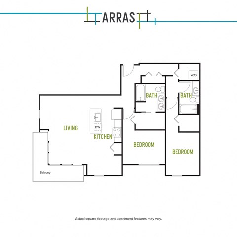 Floor plan for 2 beds, 2 baths, 1306 sqft